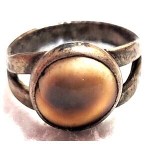 Vtg Operculum Shell Ring Warm Brown Cat’s Eye Shiva Antique Bronze Oval Band 8.5